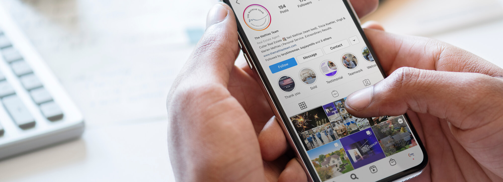 Phone showing mathias team instagram